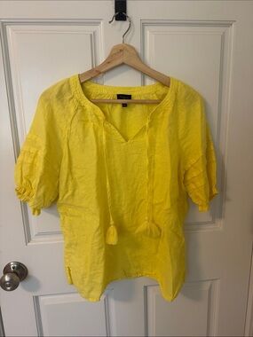 Talbots Bright Yellow Linen Tie-Tassel Peasant Top